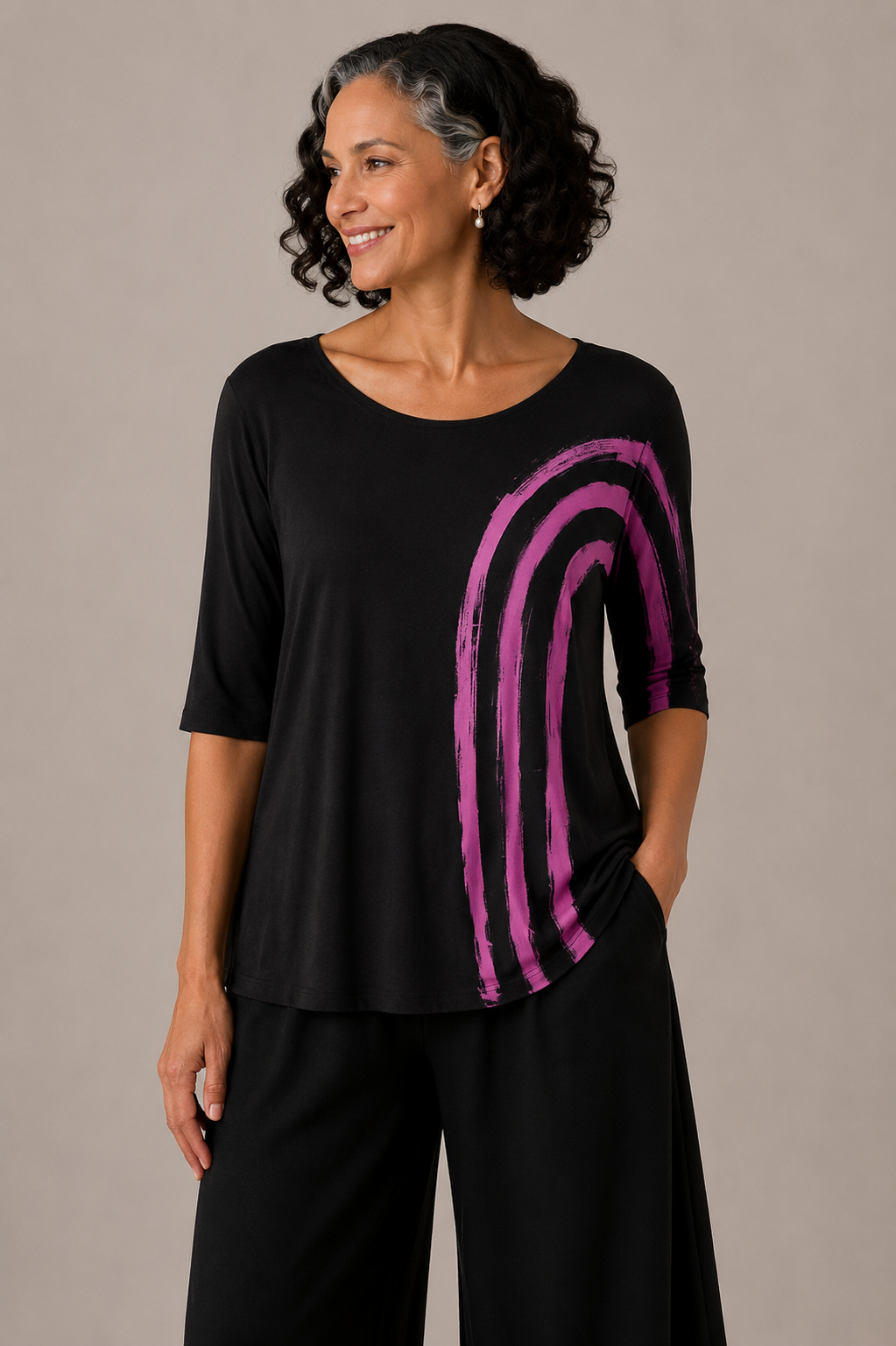 Emma Top in Side Lines in Fuchsia