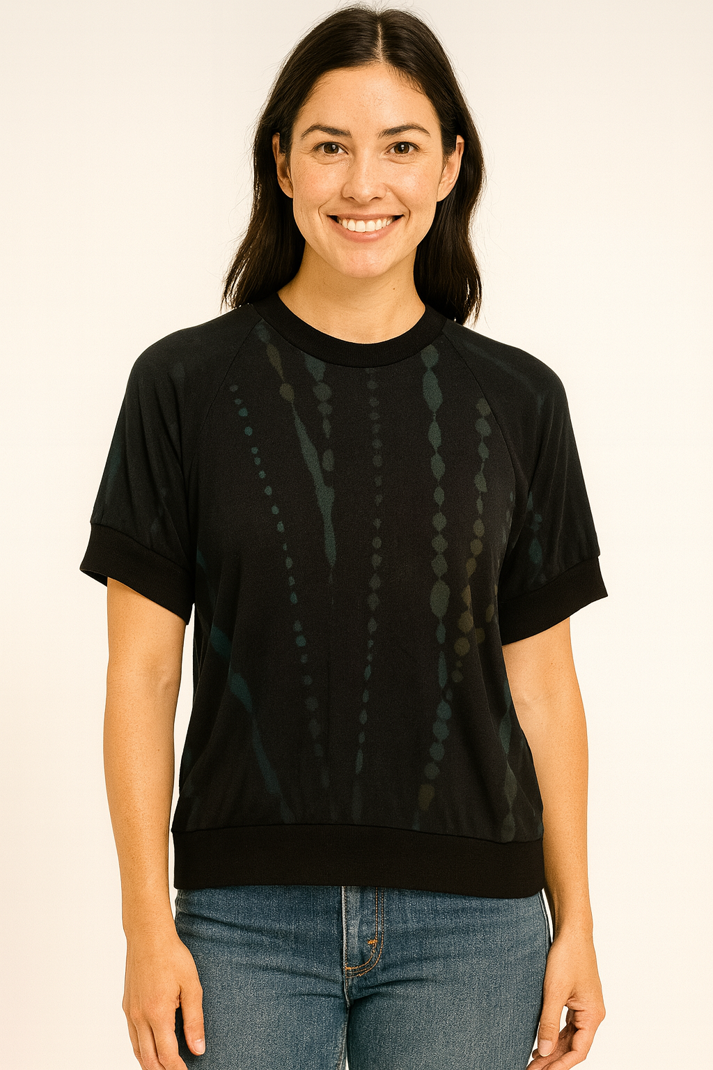 Short Sleeve Raglan Sweatshirt in Bamboo Jersey with Side Pockets in Forest Lines
