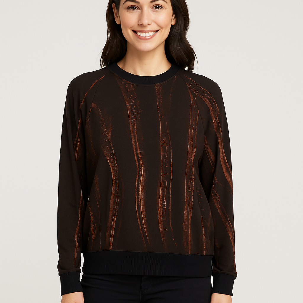 Raglan Sweatshirt in Bamboo Jersey Black with Side Pockets in Crackle Forest Lines